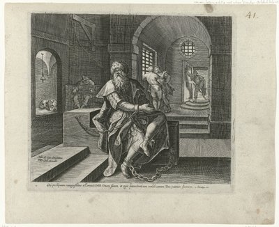 Koning Manasse en prisión Boetedoening en berouw in het Oude Testament en het Nieuwe Testament (título de la serie) El tipo de indulgencia y misericordia Divina, hacia aquellos que se arrepienten de sus transgresiones con todo su corazón y se vuelven a Dio de Philips Galle (attributed to workshop of)