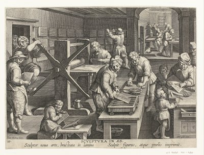 Producción de grabados en cobre. Scvlptvra en aes (título en objeto) Nuevos inventos y descubrimientos (título de la serie) Nova Reperta (título de la serie) de Philips Galle (attributed to workshop of)