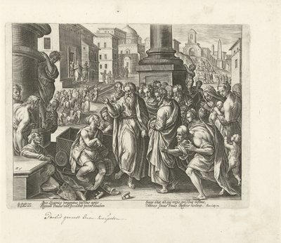 Pablo cura a un lisiado en Listra Hechos de los Apóstoles (título de la serie) Acta Apostolorum (título de la serie) de Philips Galle (possibly)