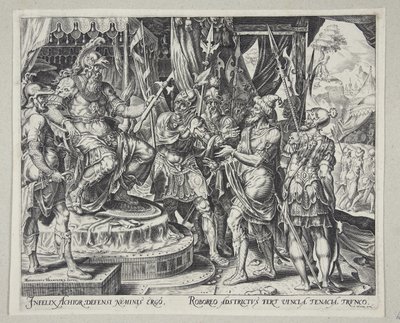 Aquir rogando a Holofernes por los israelitas de Philips Galle