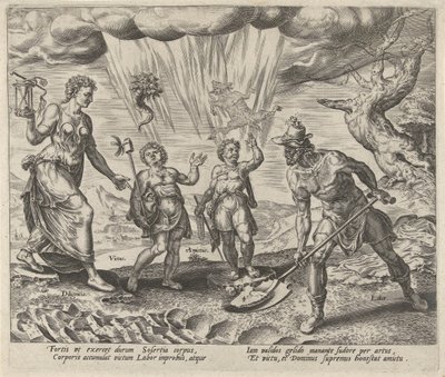 El trabajo se recompensa con comida y ropa. Recompensas para el trabajo y la industria (título de la serie) de Philips Galle