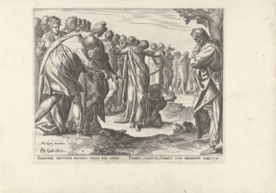 Cristo sana a una mujer con pérdida de sangre Seis escenas con Cristo y mujeres de los Evangelios (título de la serie) de Philips Galle