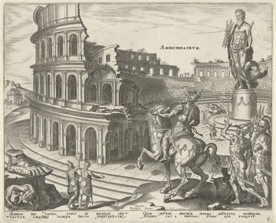 Coliseo en Roma Anfiteatro (título sobre objeto) Las Ocho Maravillas del Mundo. (título de la serie) de Philips Galle