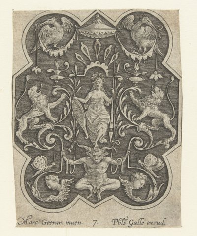 Mujer con casco, escudo y lanza
Decoraciones planas con grotescos sobre fondo sombreado (título de la serie) de Philips Galle