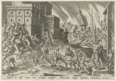 El cuerpo del rey de Hai es llevado a la puerta de la ciudad. Los días de la perdición del pueblo judío (título de la serie) de Philips Galle