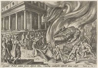 Jehú destruye el templo y la imagen de Baal Los días de la perdición del pueblo judío (título de la serie) de Philips Galle
