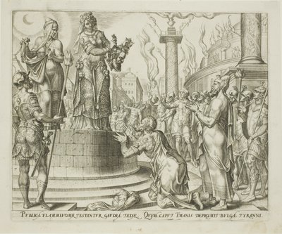 Judit mostrando la cabeza de Holofernes al pueblo de Betulia, lámina siete de La historia de Judit y Holofernes. de Philips Galle