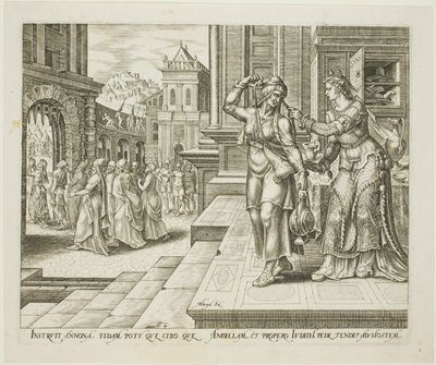 Judith preparándose para partir hacia el campamento de los enemigos, lámina cuatro de La historia de Judith y Holofernes. de Philips Galle