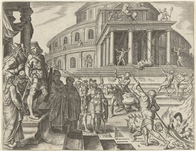 El rey Josías hace quitar los caballos y los carros en honor al sol Historia del rey Josías (título de la serie) de Philips Galle