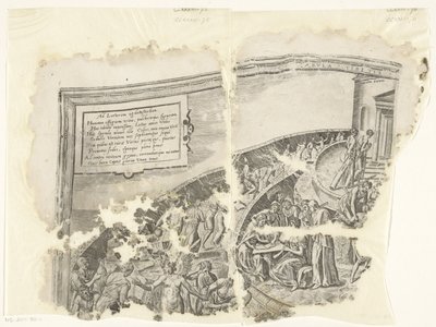 Esquina superior izquierda de una impresión de la escena de Cebes Tabula Cebetis Carta Vitae (título sobre el objeto) de Philips Galle