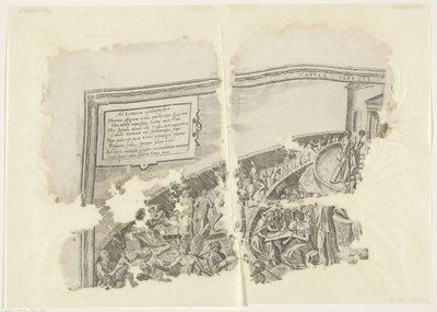Esquina superior izquierda de una impresión de la escena de Cebes Tabula Cebetis Carta Vitae (título sobre el objeto) de Philips Galle