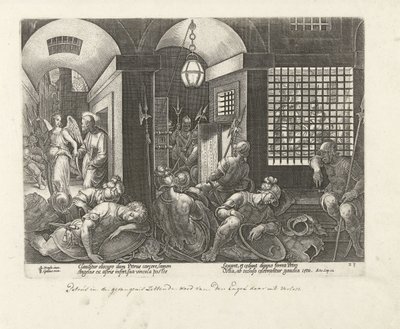 Pedro es liberado de la prisión por el ángel. Hechos de los Apóstoles (título de la serie) Acta Apostolorum (título de la serie) de Philips Galle