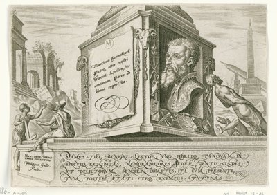 Retrato de Maarten van Heemskerck sobre el pedestal de una columna Los días de la perdición del pueblo judío (título de la serie) de Philips Galle