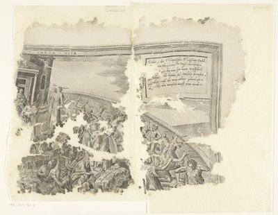 Esquina superior derecha de una impresión de la escena de Cebes Tabula Cebetis Carta Vitae (título sobre el objeto) de Philips Galle