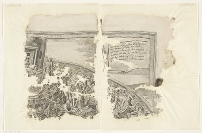 Esquina superior derecha de una impresión de la escena de Cebes Tabula Cebetis Carta Vitae (título sobre el objeto) de Philips Galle