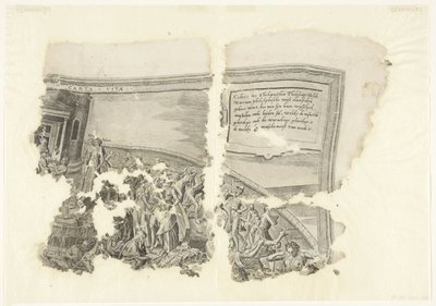 Esquina superior derecha de una impresión de la escena de Cebes Tabula Cebetis Carta Vitae (título sobre el objeto) de Philips Galle