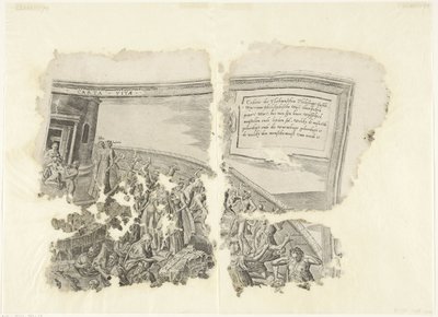 Esquina superior derecha de una impresión de la escena de Cebes Tabula Cebetis Carta Vitae (título sobre el objeto) de Philips Galle