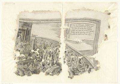 Esquina superior derecha de una impresión de la escena de Cebes Tabula Cebetis Carta Vitae (título sobre el objeto) de Philips Galle