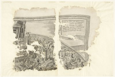 Esquina superior derecha de una impresión de la escena de Cebes Tabula Cebetis Carta Vitae (título sobre el objeto) de Philips Galle