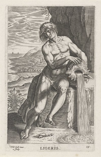 Riviergod Ligeris Ligeris (título sobre objeto) Rivier-en zeegoden (título de la serie) Imágenes bellamente escritas de los semidioses de los Marini y sus amigos (título de la serie) de Philips Galle