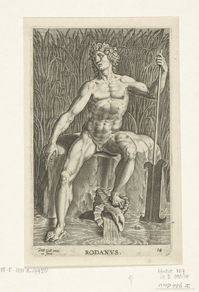 Riviergod Rodanus Rodanvs (título sobre objeto) Rivier-en zeegoden (título de la serie) Imágenes bellamente escritas de los semidioses de los Marini y sus amigos (título de la serie) de Philips Galle
