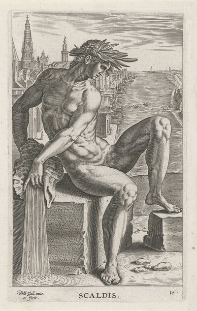 Escalda de Riviergod Scaldis (título sobre objeto) Rivier-en zeegoden (título de la serie) Imágenes bellamente escritas de los semidioses de los Marini y sus amigos (título de la serie) de Philips Galle
