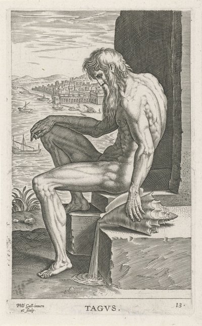 Riviergod Tajo Tagvs (título en objeto) Rivier- en zeegoden (título de la serie) Elegantes retratos de los semidioses marinos y los leones marinos (título de la serie) de Philips Galle