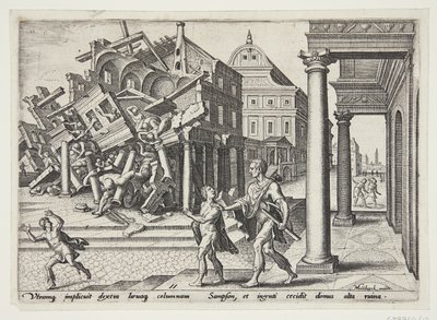 Sansón liberado de la prisión y destruyendo el templo de los filisteos de Philips Galle
