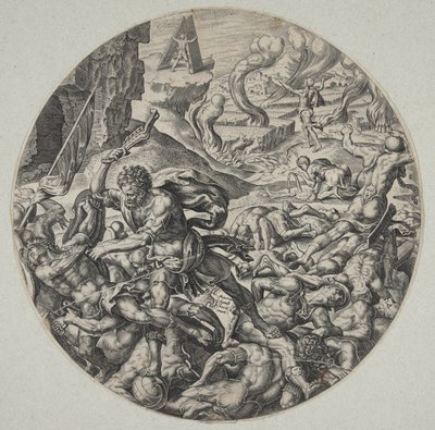 Sansón golpeando a los filisteos con la quijada de un asno de Philips Galle