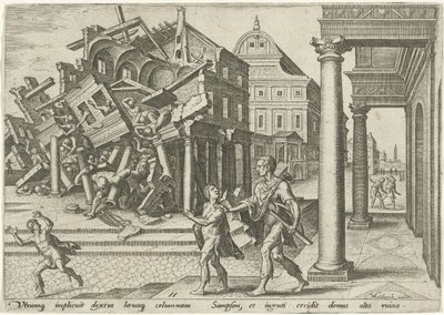 Sansón destruye el templo de los filisteos Los días de la perdición del pueblo judío (título de la serie) de Philips Galle