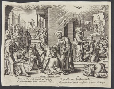 San Pedro, San Juan y San Felipe imponiendo las manos a los bautizados en Samaria de Philips Galle