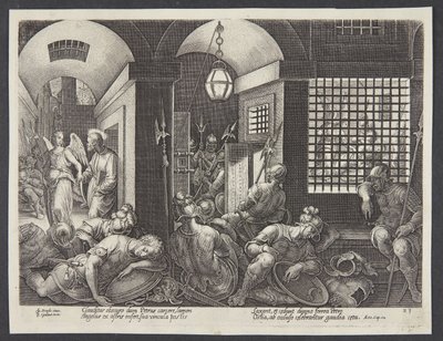 San Pedro liberado de la prisión por el ángel de Philips Galle