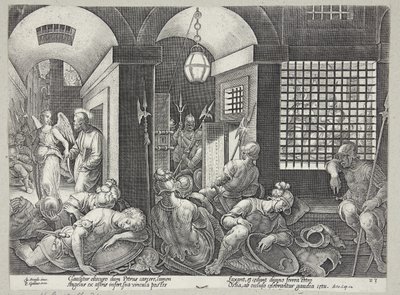 San Pedro liberado de la prisión por el ángel de Philips Galle