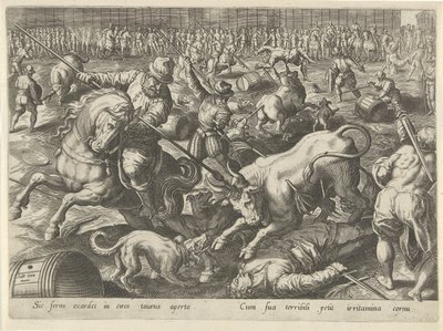 Stierengevecht Jachttaferelen (título de la serie) En el que todo tipo de caza, caza de aves y pesca (título de la serie) de Philips Galle