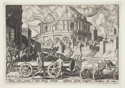Los caldeos llevándose los pilares del templo de Jerusalén de Philips Galle