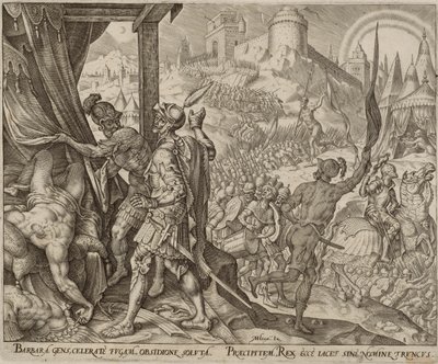 El descubrimiento del cadáver de Holofernes, lámina ocho de La historia de Judith y Holofernes. de Philips Galle