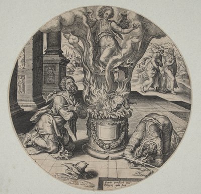 El ángel ascendiendo en la llama sobre el altar de Manoa y su esposa de Philips Galle