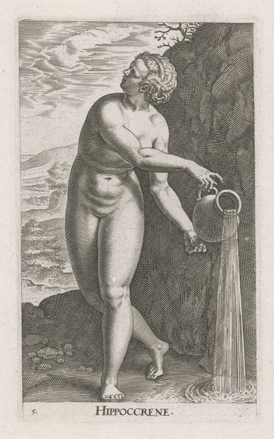 Waternimf hipocreno Hippocrene (título sobre el objeto) Stroom- una ninfa de agua (título de la serie) Nympharum oceanitidum, Ephydridum potamidum naiadum (título de la serie) de Philips Galle
