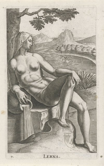aguanimf lerna Lerna (título sobre objeto) Stroom- una ninfa de agua (título de la serie) Nympharum oceanitidum, Ephydridum potamidum naiadum (título de la serie) de Philips Galle
