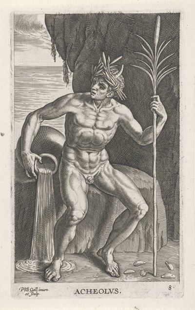 Zeegod Achelous Acheolvs (título sobre objeto) Rivier- en zeegoden (título de la serie) Elegantes retratos de los semidioses marinos y los leones marinos (título de la serie) de Philips Galle