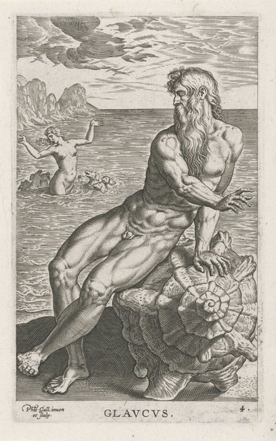 Zeegod Glauco Glavcvs (título sobre el objeto) Rivier-en zeegoden (título de la serie) Imágenes bellamente escritas de los semidioses de los Marini y sus amigos (título de la serie) de Philips Galle