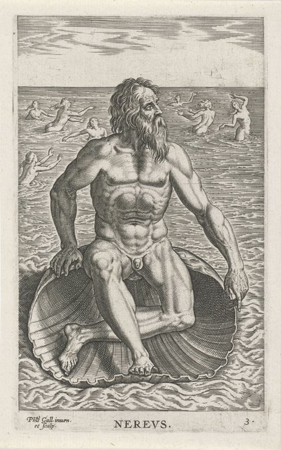 Zeegod Nereo Nerevs (título sobre objeto) Rivier-en zeegoden (título de la serie) Imágenes bellamente escritas de los semidioses de los Marini y sus amigos (título de la serie) de Philips Galle