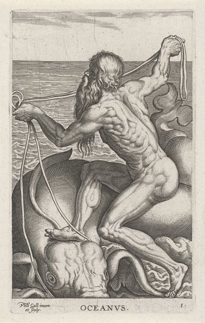 Zeegod Océano Oceanvs (título sobre el objeto) Rivier-en zeegoden (título de la serie) Imágenes bellamente escritas de los semidioses de los Marini y sus amigos (título de la serie) de Philips Galle