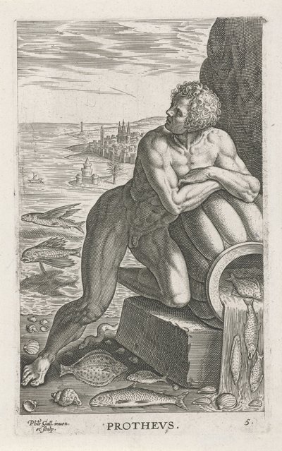 Zeegod Proteo Prothevs (título sobre el objeto) Rivier-en zeegoden (título de la serie) Imágenes bellamente escritas de los semidioses de los Marini y sus amigos (título de la serie) de Philips Galle
