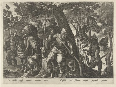 Zwijnenjacht conoció a geweren Jachttaferelen (título de la serie) En el que todo tipo de caza, caza de aves y pesca (título de la serie) de Philips Galle