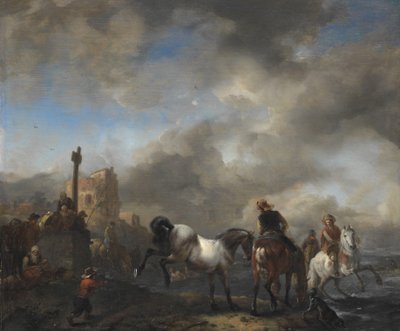 Estanque de caballos cerca de un mojón de Philips Wouwerman