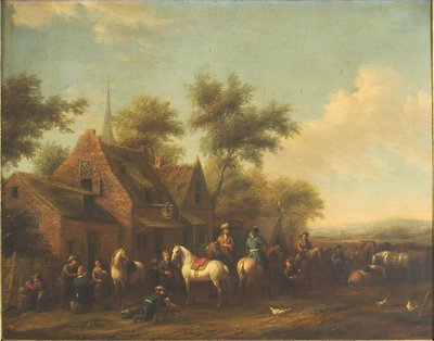 Paisaje con jinetes descansando fuera de una posada de Philips Wouwerman