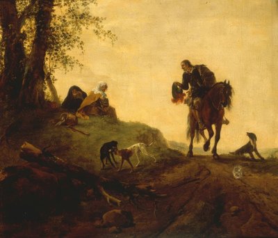 Paisaje con un jinete y dos personas sentadas al borde del camino de Philips Wouwerman