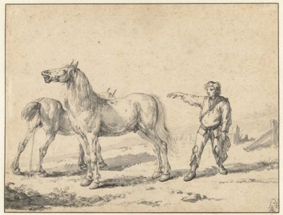 Dos caballos, uno orinando y el otro relinchando, y un hombre de pie con el brazo derecho levantado de Philips Wouwerman
