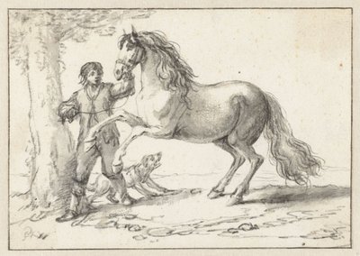 Joven sosteniendo un caballo encabritado por la brida, asustado por un perro que ladra de Philips Wouwerman